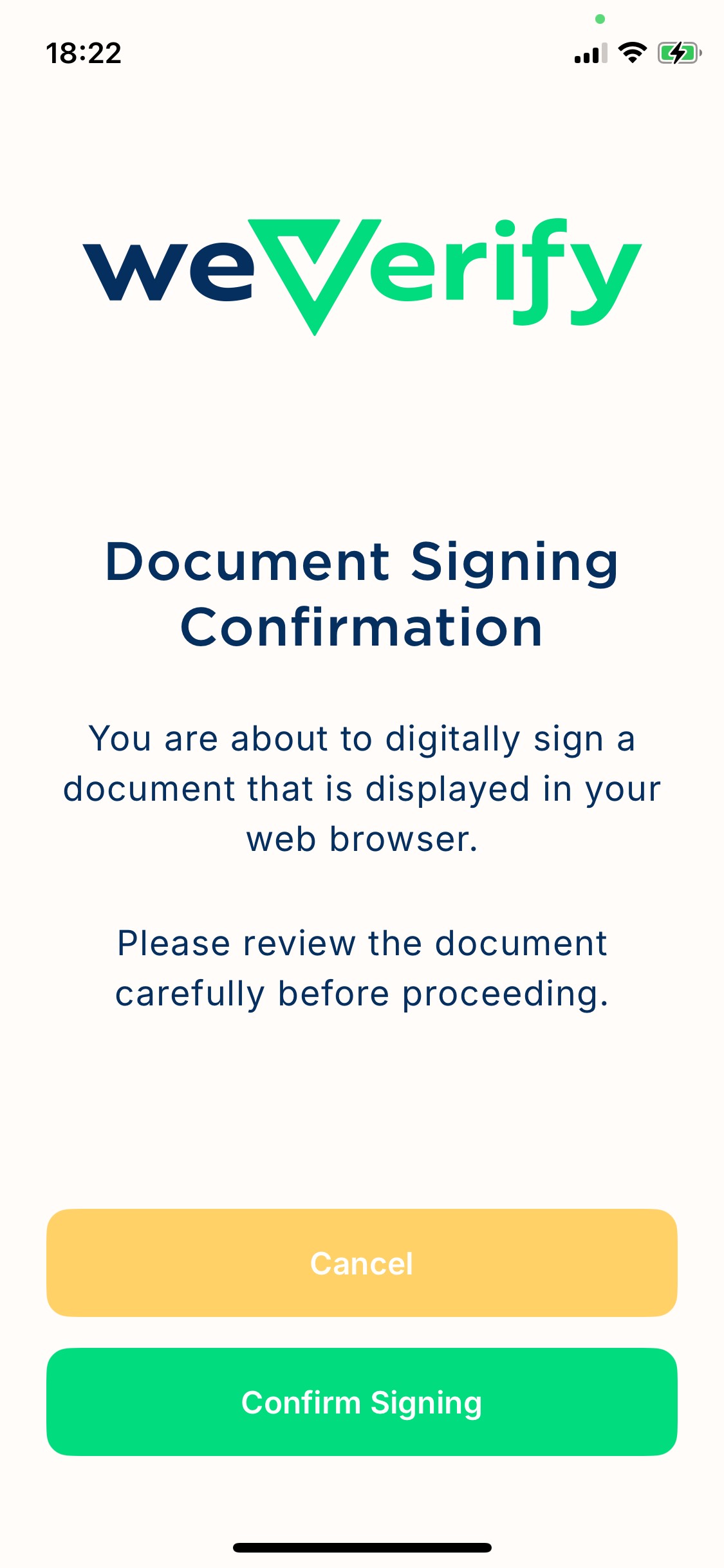 Document Signing Confirmation screen